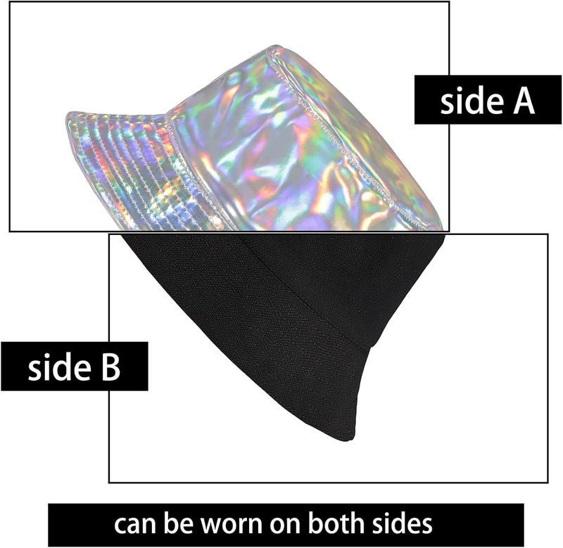 Milakoo Rave Hologram Metallic Bucket Hat Reversible Cap Reflective Waterproof Rain Fisherman Hat - Image 3